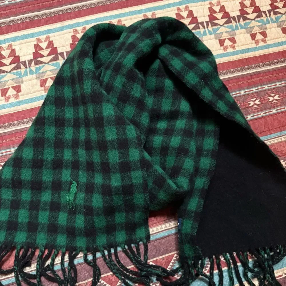 Polo Ralph Lauren Black and Green Plaid Wool Reversible scarf